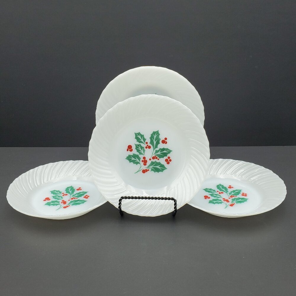Termocrisa Holly Berry White Milk Glass Christmas Bowls 7.5" White Swirl Edge